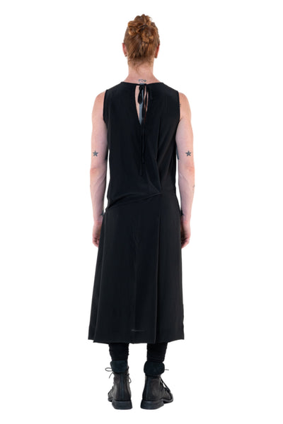 Shop Emerging Slow Fashion Genderless Alternative Avant-garde Designer Mark Baigent Annex Collection Fair Trade Black Silk Crepe de Chine Sleeveless Irla Dress at Erebus