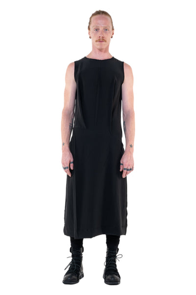 Shop Emerging Slow Fashion Genderless Alternative Avant-garde Designer Mark Baigent Annex Collection Fair Trade Black Silk Crepe de Chine Sleeveless Irla Dress at Erebus