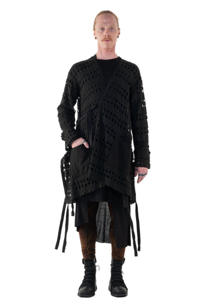 Shop Emerging Slow Fashion Genderless Alternative Avant-garde Designer Mark Baigent Annex Collection Fair Trade Black Kintamani Cotton Lace Coat at Erebus