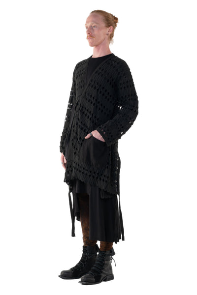 Shop Emerging Slow Fashion Genderless Alternative Avant-garde Designer Mark Baigent Annex Collection Fair Trade Black Kintamani Cotton Lace Coat at Erebus