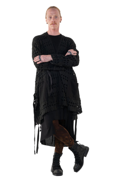 Shop Emerging Slow Fashion Genderless Alternative Avant-garde Designer Mark Baigent Annex Collection Fair Trade Black Kintamani Cotton Lace Coat at Erebus