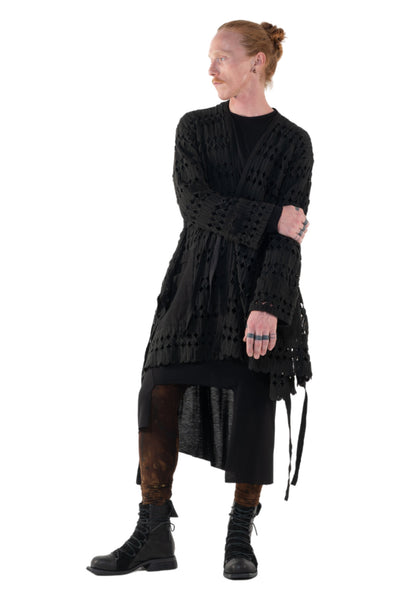 Shop Emerging Slow Fashion Genderless Alternative Avant-garde Designer Mark Baigent Annex Collection Fair Trade Black Kintamani Cotton Lace Coat at Erebus