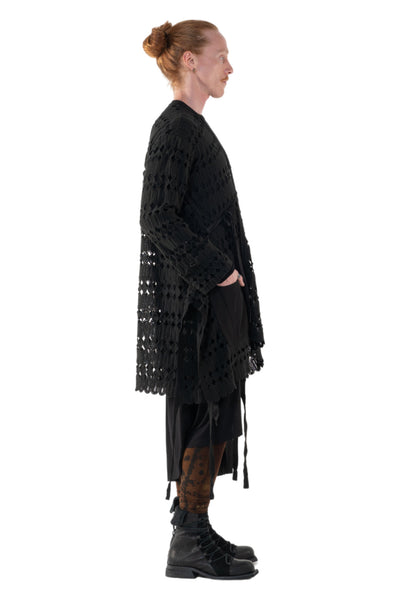 Shop Emerging Slow Fashion Genderless Alternative Avant-garde Designer Mark Baigent Annex Collection Fair Trade Black Kintamani Cotton Lace Coat at Erebus