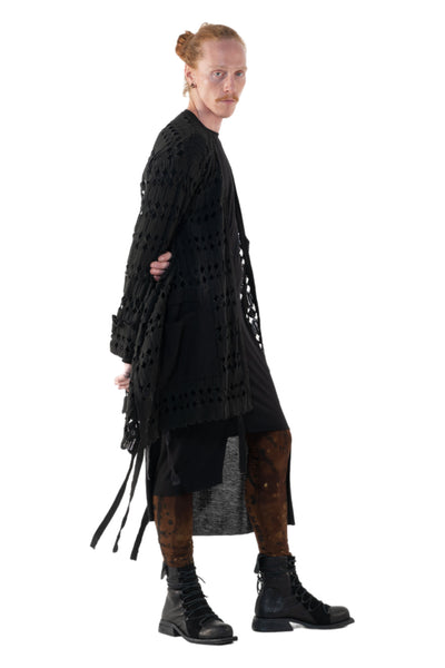 Shop Emerging Slow Fashion Genderless Alternative Avant-garde Designer Mark Baigent Annex Collection Fair Trade Black Kintamani Cotton Lace Coat at Erebus