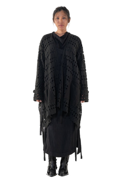 Shop Emerging Slow Fashion Genderless Alternative Avant-garde Designer Mark Baigent Annex Collection Fair Trade Black Kintamani Cotton Lace Coat at Erebus