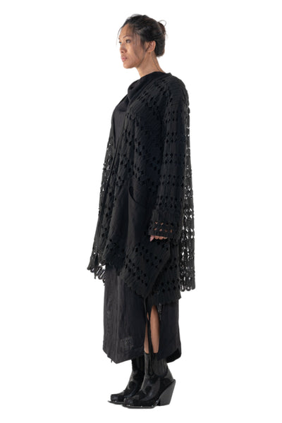 Shop Emerging Slow Fashion Genderless Alternative Avant-garde Designer Mark Baigent Annex Collection Fair Trade Black Kintamani Cotton Lace Coat at Erebus