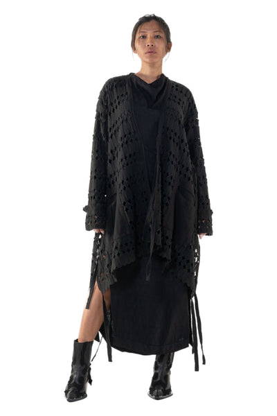 Shop Emerging Slow Fashion Genderless Alternative Avant-garde Designer Mark Baigent Annex Collection Fair Trade Black Kintamani Cotton Lace Coat at Erebus