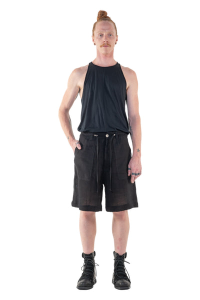 Shop Emerging Slow Fashion Genderless Alternative Avant-garde Designer Mark Baigent Annex Collection Fair Trade Black Cotton Drawstring Moro Shorts at Erebus