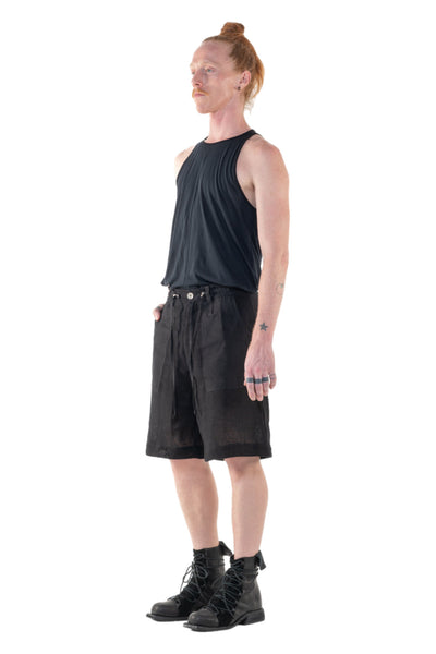 Shop Emerging Slow Fashion Genderless Alternative Avant-garde Designer Mark Baigent Annex Collection Fair Trade Black Cotton Drawstring Moro Shorts at Erebus