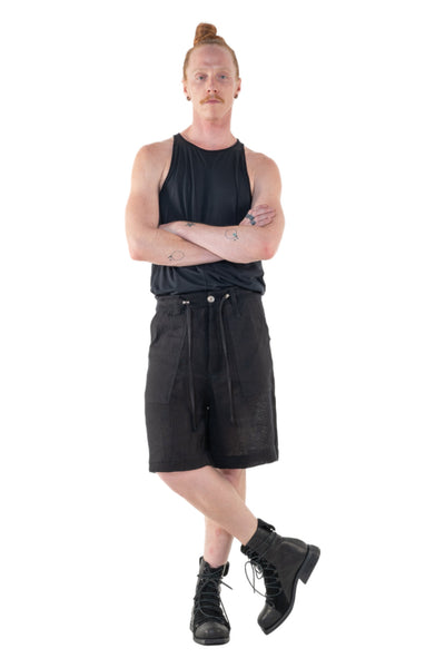 Shop Emerging Slow Fashion Genderless Alternative Avant-garde Designer Mark Baigent Annex Collection Fair Trade Black Cotton Drawstring Moro Shorts at Erebus