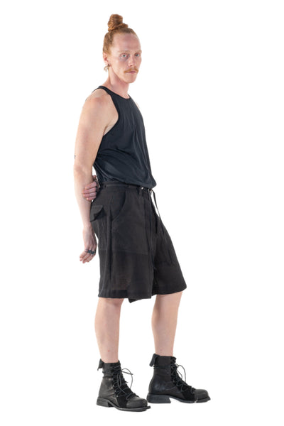 Shop Emerging Slow Fashion Genderless Alternative Avant-garde Designer Mark Baigent Annex Collection Fair Trade Black Cotton Drawstring Moro Shorts at Erebus