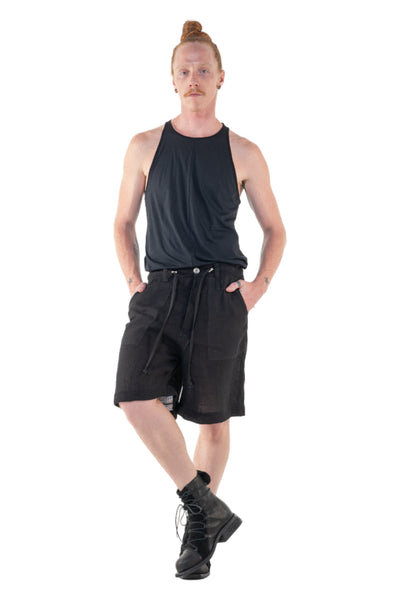 Shop Emerging Slow Fashion Genderless Alternative Avant-garde Designer Mark Baigent Annex Collection Fair Trade Black Cotton Drawstring Moro Shorts at Erebus