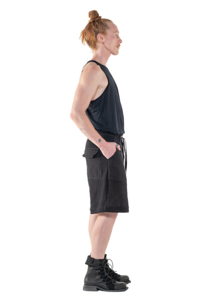 Shop Emerging Slow Fashion Genderless Alternative Avant-garde Designer Mark Baigent Annex Collection Fair Trade Black Cotton Drawstring Moro Shorts at Erebus