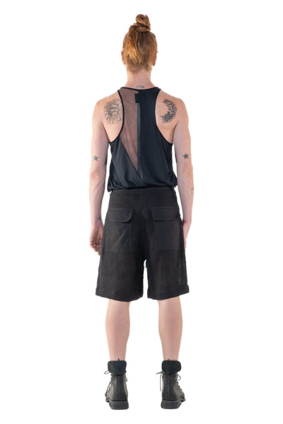 Shop Emerging Slow Fashion Genderless Alternative Avant-garde Designer Mark Baigent Annex Collection Fair Trade Black Cotton Drawstring Moro Shorts at Erebus