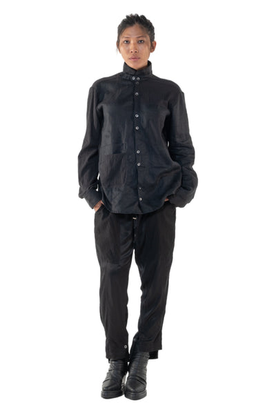 Shop Emerging Slow Fashion Genderless Alternative Avant-garde Designer Mark Baigent Annex Collection Fair Trade Signature Black Linen and Cotton Crepe Nighthob Shirt at Erebus