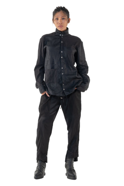 Shop Emerging Slow Fashion Genderless Alternative Avant-garde Designer Mark Baigent Annex Collection Fair Trade Signature Black Linen and Cotton Crepe Nighthob Shirt at Erebus