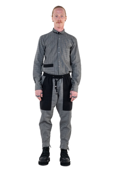 Shop Emerging Slow Fashion Genderless Alternative Avant-garde Designer Mark Baigent Annex Collection Fair Trade Grey Stripe Thin Cotton Denim Nighthob Pants at Erebus