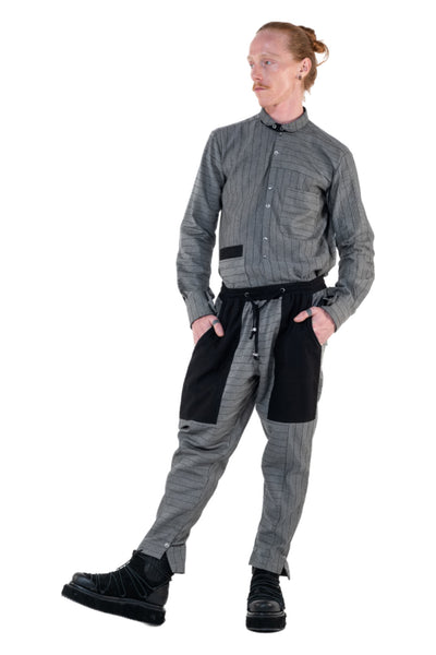 Shop Emerging Slow Fashion Genderless Alternative Avant-garde Designer Mark Baigent Annex Collection Fair Trade Grey Stripe Thin Cotton Denim Nighthob Pants at Erebus