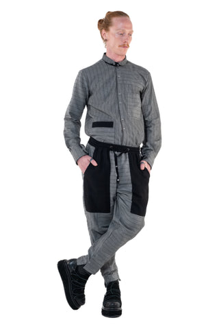 Shop Emerging Slow Fashion Genderless Alternative Avant-garde Designer Mark Baigent Annex Collection Fair Trade Grey Stripe Thin Cotton Denim Nighthob Pants at Erebus