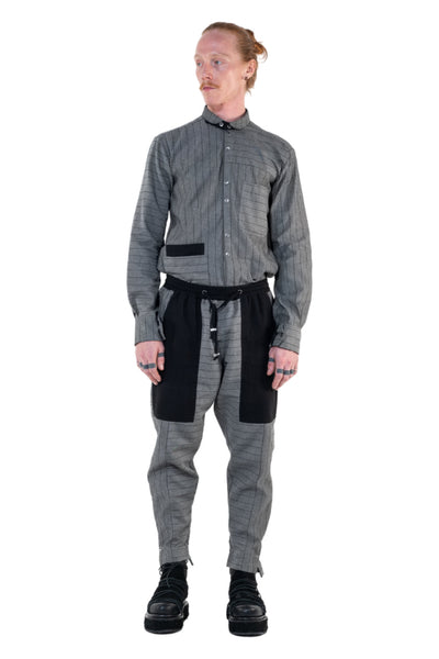 Shop Emerging Slow Fashion Genderless Alternative Avant-garde Designer Mark Baigent Annex Collection Fair Trade Grey Stripe Thin Cotton Denim Nighthob Pants at Erebus