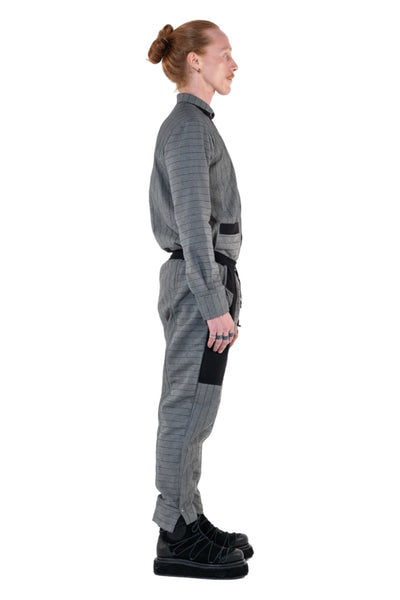 Shop Emerging Slow Fashion Genderless Alternative Avant-garde Designer Mark Baigent Annex Collection Fair Trade Grey Stripe Thin Cotton Denim Nighthob Pants at Erebus