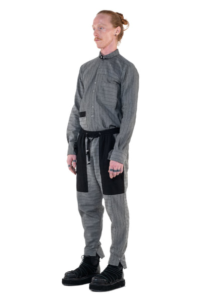 Shop Emerging Slow Fashion Genderless Alternative Avant-garde Designer Mark Baigent Annex Collection Fair Trade Grey Stripe Thin Cotton Denim Nighthob Pants at Erebus