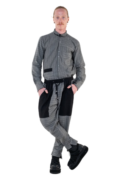 Shop Emerging Slow Fashion Genderless Alternative Avant-garde Designer Mark Baigent Annex Collection Fair Trade Grey Stripe Thin Cotton Denim Nighthob Pants at Erebus