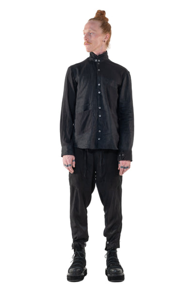 Shop Emerging Slow Fashion Genderless Alternative Avant-garde Designer Mark Baigent Annex Collection Fair Trade Signature Black Linen and Cotton Crepe Nighthob Shirt at Erebus