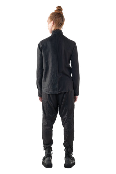 Shop Emerging Slow Fashion Genderless Alternative Avant-garde Designer Mark Baigent Annex Collection Fair Trade Signature Black Linen and Cotton Crepe Nighthob Shirt at Erebus