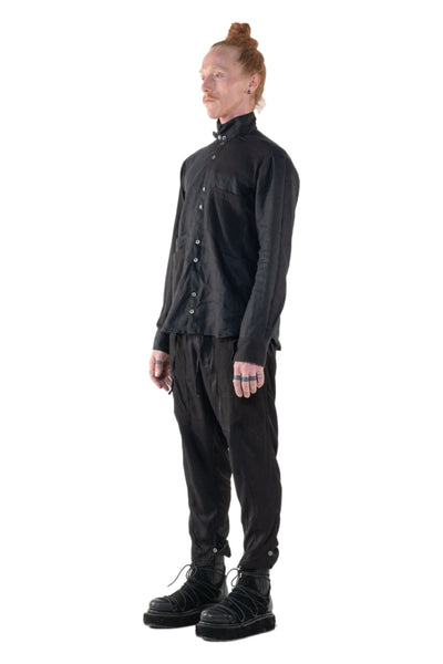 Shop Emerging Slow Fashion Genderless Alternative Avant-garde Designer Mark Baigent Annex Collection Fair Trade Signature Black Linen and Cotton Crepe Nighthob Shirt at Erebus