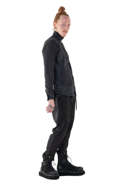 Shop Emerging Slow Fashion Genderless Alternative Avant-garde Designer Mark Baigent Annex Collection Fair Trade Signature Black Linen and Cotton Crepe Nighthob Shirt at Erebus