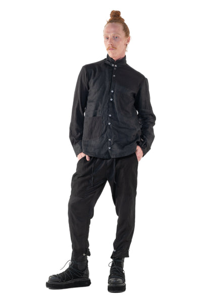 Shop Emerging Slow Fashion Genderless Alternative Avant-garde Designer Mark Baigent Annex Collection Fair Trade Signature Black Linen and Cotton Crepe Nighthob Shirt at Erebus