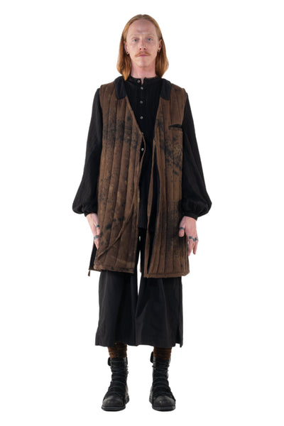 Shop Emerging Slow Fashion Genderless Alternative Avant-garde Designer Mark Baigent Annex Collection Fair Trade Noda Brown Signature Spot Dye Sleeveless Puffer Jacket at Erebus