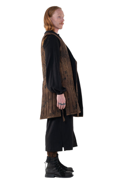 Shop Emerging Slow Fashion Genderless Alternative Avant-garde Designer Mark Baigent Annex Collection Fair Trade Noda Brown Signature Spot Dye Sleeveless Puffer Jacket at Erebus