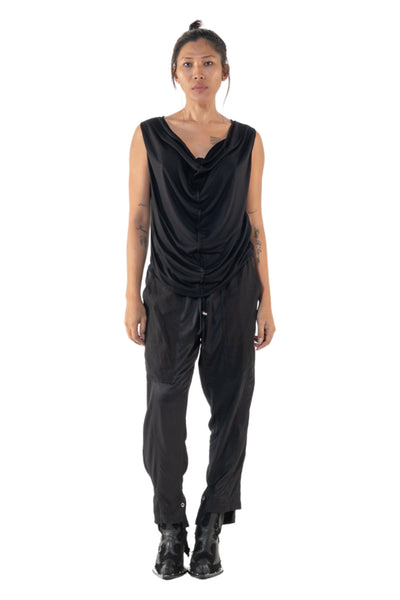 Shop Emerging Slow Fashion Genderless Alternative Avant-garde Designer Mark Baigent Annex Collection Fair Trade Black Bamboo and Ecovera Jersey Draped Sleeveless Phos Top at Erebus