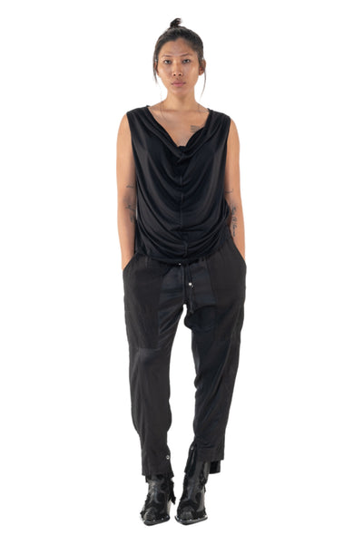 Shop Emerging Slow Fashion Genderless Alternative Avant-garde Designer Mark Baigent Annex Collection Fair Trade Black Bamboo and Ecovera Jersey Draped Sleeveless Phos Top at Erebus