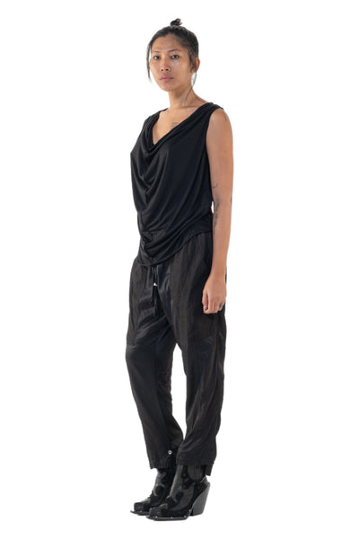 Shop Emerging Slow Fashion Genderless Alternative Avant-garde Designer Mark Baigent Annex Collection Fair Trade Black Bamboo and Ecovera Jersey Draped Sleeveless Phos Top at Erebus