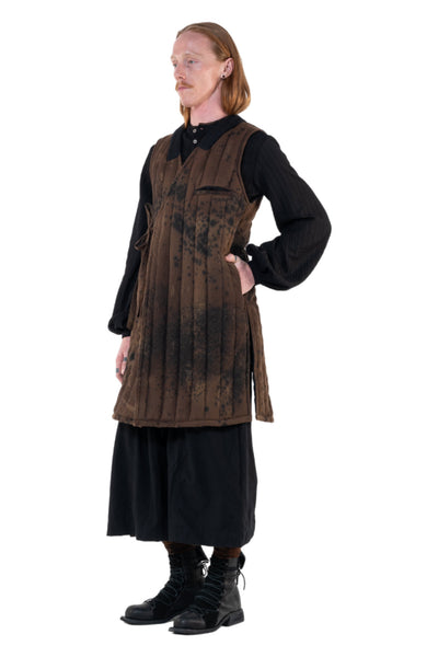 Shop Emerging Slow Fashion Genderless Alternative Avant-garde Designer Mark Baigent Annex Collection Fair Trade Noda Brown Signature Spot Dye Sleeveless Puffer Jacket at Erebus