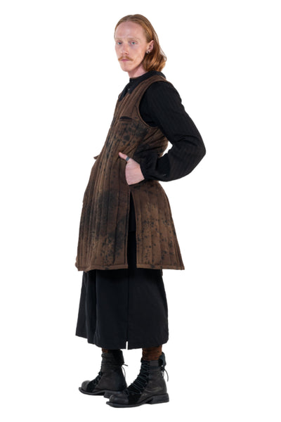 Shop Emerging Slow Fashion Genderless Alternative Avant-garde Designer Mark Baigent Annex Collection Fair Trade Noda Brown Signature Spot Dye Sleeveless Puffer Jacket at Erebus