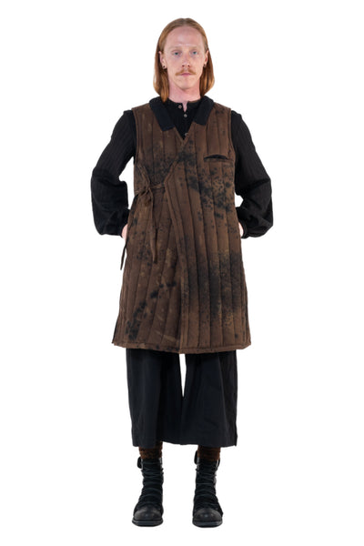 Shop Emerging Slow Fashion Genderless Alternative Avant-garde Designer Mark Baigent Annex Collection Fair Trade Noda Brown Signature Spot Dye Sleeveless Puffer Jacket at Erebus