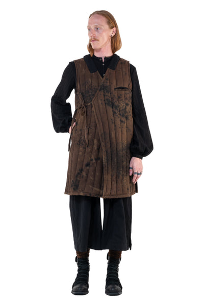 Shop Emerging Slow Fashion Genderless Alternative Avant-garde Designer Mark Baigent Annex Collection Fair Trade Noda Brown Signature Spot Dye Sleeveless Puffer Jacket at Erebus