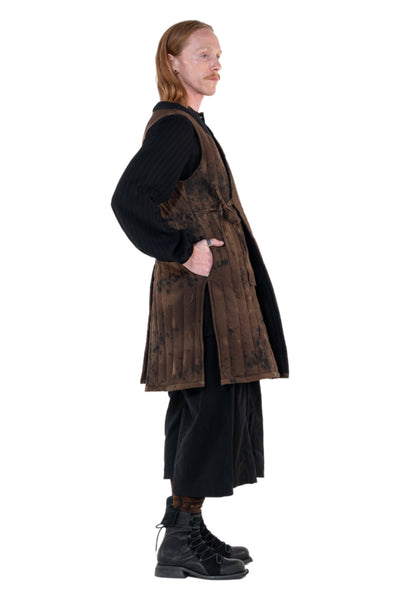 Shop Emerging Slow Fashion Genderless Alternative Avant-garde Designer Mark Baigent Annex Collection Fair Trade Noda Brown Signature Spot Dye Sleeveless Puffer Jacket at Erebus