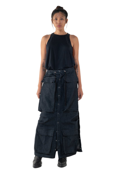 Shop Emerging Slow Fashion Genderless Alternative Avant-garde Designer Mark Baigent Annex Collection Fair Trade Indigo Denim Rave Cargo Maxi Skirt at Erebus