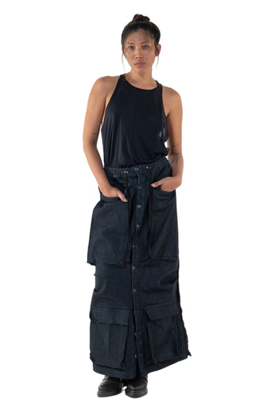 Shop Emerging Slow Fashion Genderless Alternative Avant-garde Designer Mark Baigent Annex Collection Fair Trade Indigo Denim Rave Cargo Maxi Skirt at Erebus