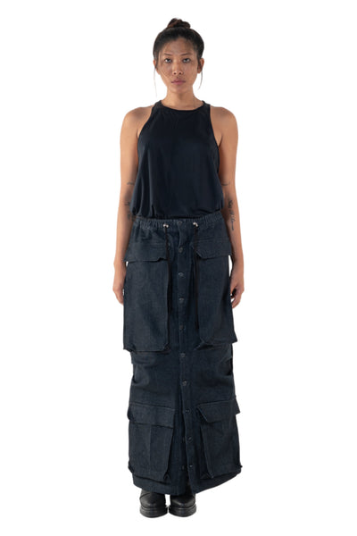 Shop Emerging Slow Fashion Genderless Alternative Avant-garde Designer Mark Baigent Annex Collection Fair Trade Indigo Denim Rave Cargo Maxi Skirt at Erebus