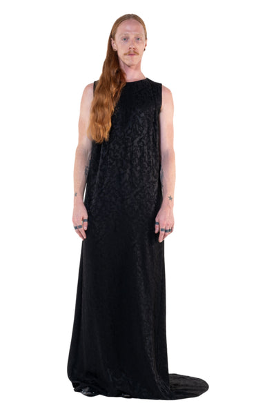 Shop Emerging Slow Fashion Genderless Alternative Avant-garde Designer Mark Baigent Annex Collection Fair Trade Black Jacquard Viscose Regal Maxi Dress at Erebus