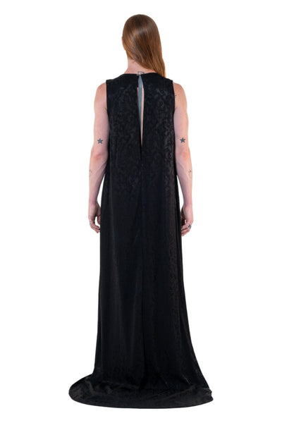 Shop Emerging Slow Fashion Genderless Alternative Avant-garde Designer Mark Baigent Annex Collection Fair Trade Black Jacquard Viscose Regal Maxi Dress at Erebus