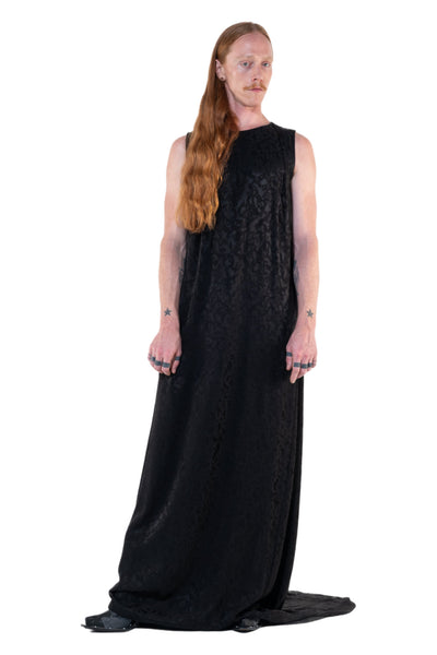 Shop Emerging Slow Fashion Genderless Alternative Avant-garde Designer Mark Baigent Annex Collection Fair Trade Black Jacquard Viscose Regal Maxi Dress at Erebus