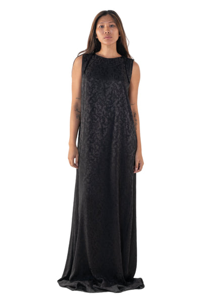 Shop Emerging Slow Fashion Genderless Alternative Avant-garde Designer Mark Baigent Annex Collection Fair Trade Black Jacquard Viscose Regal Maxi Dress at Erebus