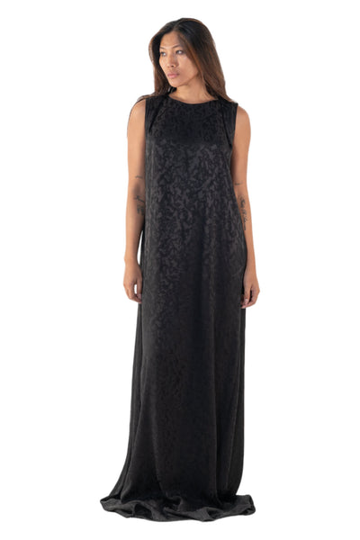 Shop Emerging Slow Fashion Genderless Alternative Avant-garde Designer Mark Baigent Annex Collection Fair Trade Black Jacquard Viscose Regal Maxi Dress at Erebus